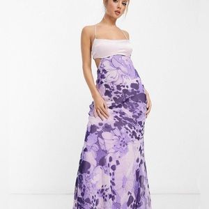 Satin like floral purple cami cut out maxi dress with a cross back
